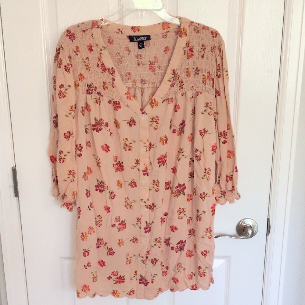 Roaman's Blush Pink Floral Button-Front Blouse